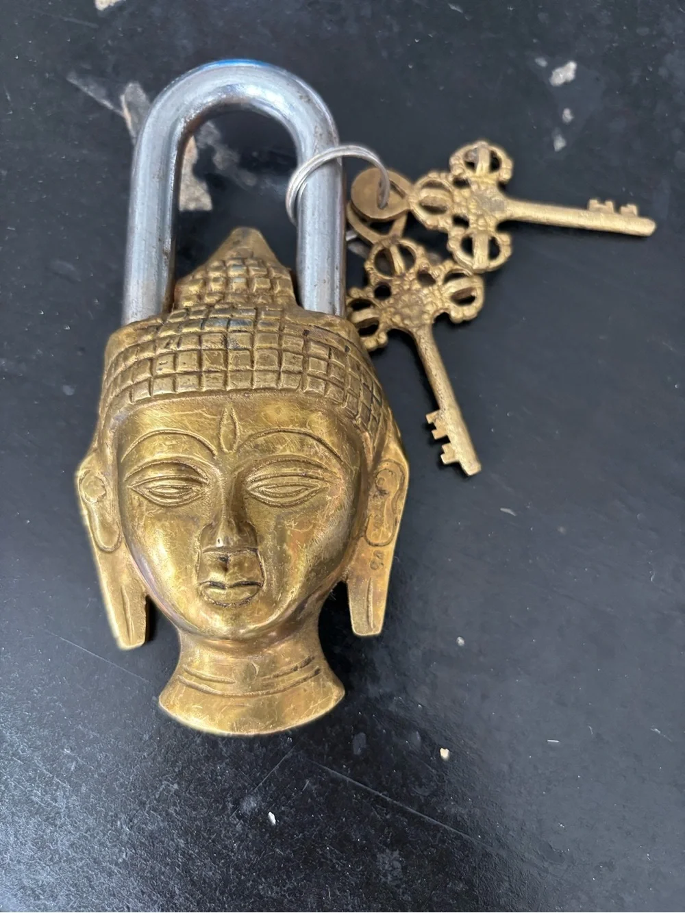 Brass Buddha Head Decorative Padlock - Gold Accent